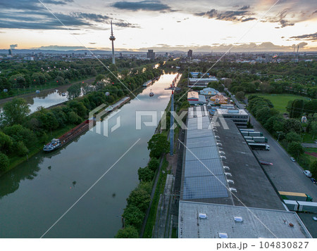 Mannheim city with ropeway connecting parks during federal horticulture and garden shows Bundesgartenschau BUGA Germany Mannheim city with ropeway connecting parks during federal horticulture and garden shows Bundesgartenschau BUGA Germany 104830827