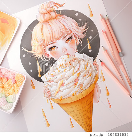 川北すピ子原画◎昭和レトロ少女アイスクリームイラスト アイスクリームを食べる少女の漫画 イラスト アート（AI生成画像）の