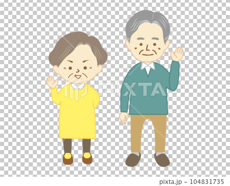 有微笑的老人和婦女揮動的手 104831735