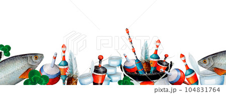 Watercolor drawing banner from various fishing bobblers, fish, buckets, clover leaves, fishing nets, fishing line, bait cans on white background. Angling gear to logo, card, paper, wallpaper, stickers 104831764