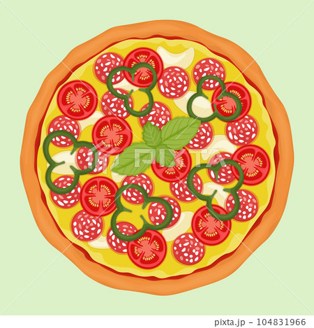 pizza with salami, mozzarella, paprika and fresh tomatoes pizza with salami, mozzarella, paprika and fresh tomatoes 104831966