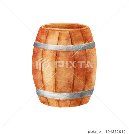 Watercolor wooden barrel isolated on white. Hand drawn cartoon illustration. 104832012