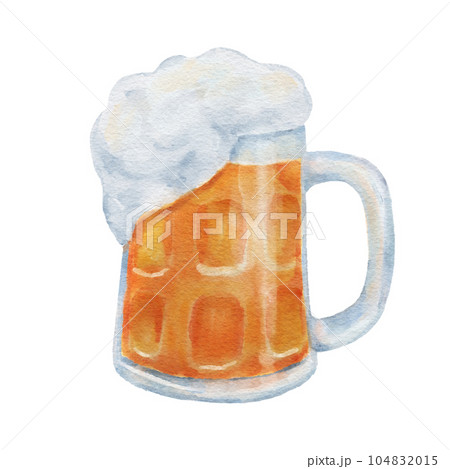 Mug of beer with foam. Glass mug with drink. Watercolor illustration isolated on white. Mug of beer with foam. Glass mug with drink. Watercolor illustration isolated on white. 104832015