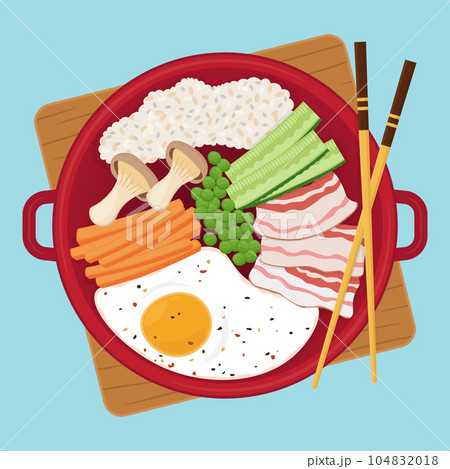 asian boiled rice with fried egg, bacon and vegetables asian boiled rice with fried egg, bacon and vegetables 104832018