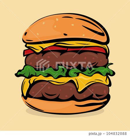 image of cartoon double hamburger with cheese. fresh tomatoes and salad leaves 104832088