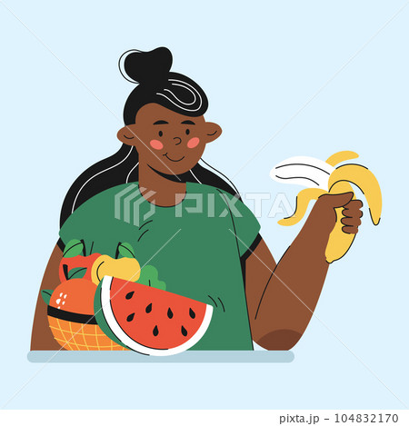 girl eating fruit holding banana character cartoon style 104832170