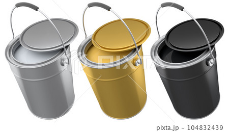 Set of metal cans or buckets of paint with handle on white background. 104832439