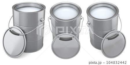Set of metal cans or buckets of paint with handle on white background. Set of metal cans or buckets of paint with handle on white background. 104832442