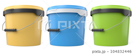 Set of plastic cans or buckets of paint with handle on white background. Set of plastic cans or buckets of paint with handle on white background. 104832446