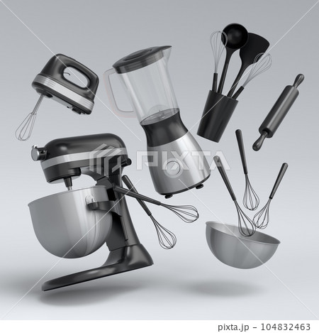 Mixer and bowl with kitchen utensil for preparation of dough on white 104832463