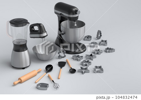 Mixer and bowl with kitchen utensil for preparation of dough on white background Mixer and bowl with kitchen utensil for preparation of dough on white background 104832474