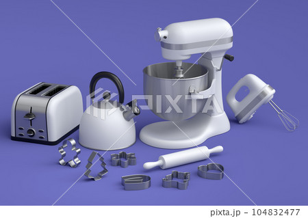 Mixer and bowl with kitchen utensil for preparation of dough on violet 104832477