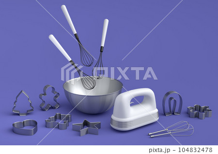 Mixer and bowl with kitchen utensil for preparation of dough on violet 104832478