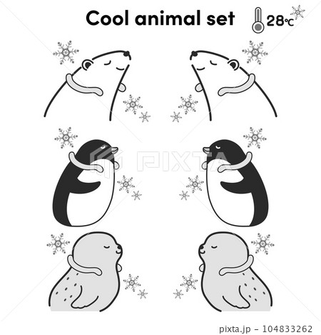 クールリングを使用する動物のイラストセット(シロクマ・ペンギン・アザラシ)(白黒) クールリングを使用する動物のイラストセット(シロクマ・ペンギン・アザラシ)(白黒) 104833262