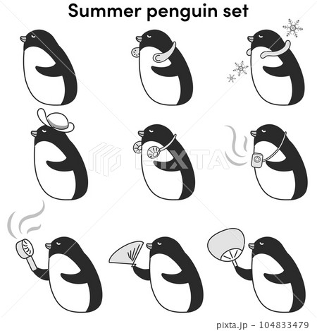 クールグッズを使用するペンギンのイラストセット（白黒） 104833479
