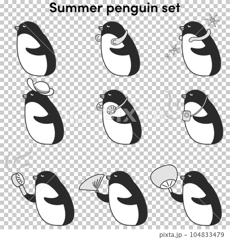 クールグッズを使用するペンギンのイラストセット（白黒） 104833479