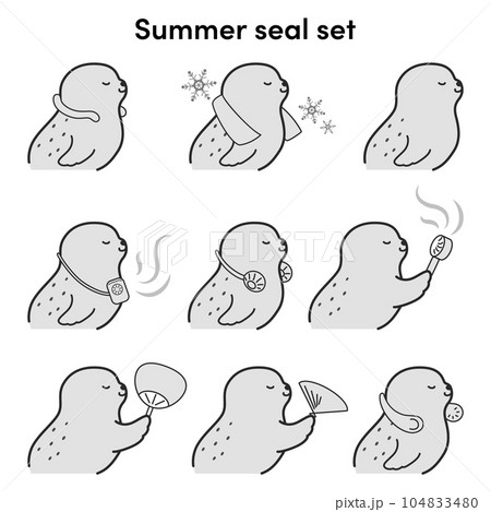 クールグッズを使用するアザラシのイラストセット（白黒） 104833480