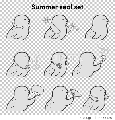 クールグッズを使用するアザラシのイラストセット（白黒） 104833480