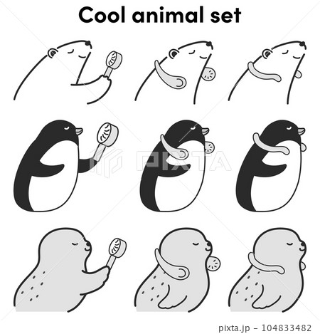 クールグッズを使用する動物のイラストセット(シロクマ・ペンギン・アザラシ)(白黒) クールグッズを使用する動物のイラストセット(シロクマ・ペンギン・アザラシ)(白黒) 104833482