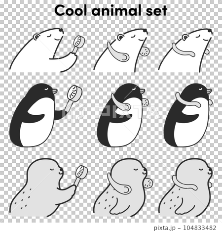 クールグッズを使用する動物のイラストセット(シロクマ・ペンギン・アザラシ)(白黒) クールグッズを使用する動物のイラストセット(シロクマ・ペンギン・アザラシ)(白黒) 104833482