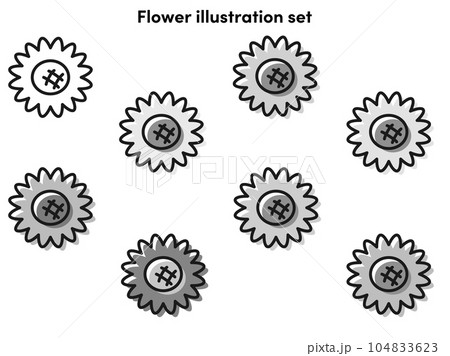 カラフルでレトロな花のイラストセット(白黒) カラフルでレトロな花のイラストセット(白黒) 104833623