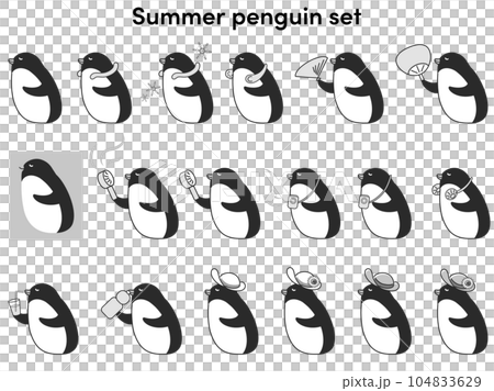 Illustration set of penguins using cool goods (black and white) 104833629