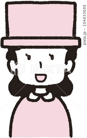 シルクハットをかぶって正面を向いて笑っている女性の上半身イラスト 104833698
