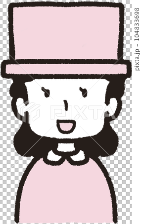 シルクハットをかぶって正面を向いて笑っている女性の上半身イラスト 104833698