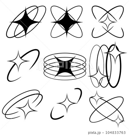 Y2K stars, starburst and retro futuristic graphic set. Collection of Trendy brutal rounded ring collection 104833763