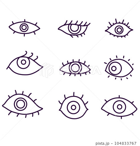 Eyes set groovy collection. Simple Outline hippie open eye icons. Human vision. Illustration isolated on white 104833767