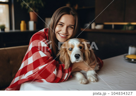 Cheerful woman hugging her beloved pet dog at home . Generative AI Cheerful woman hugging her beloved pet dog at home . Generative AI 104834327