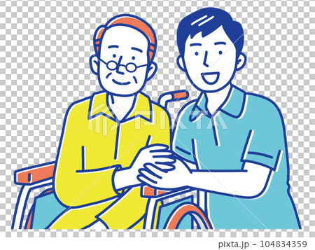 A young male caregiver holding hands and a senior man in a wheelchair A young male caregiver holding hands and a senior man in a wheelchair 104834359