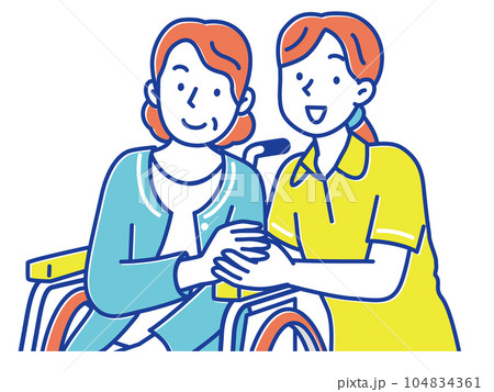 手を取り合う若い女性の介護士と車いすのシニア女性 104834361