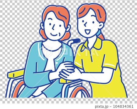 手を取り合う若い女性の介護士と車いすのシニア女性 104834361