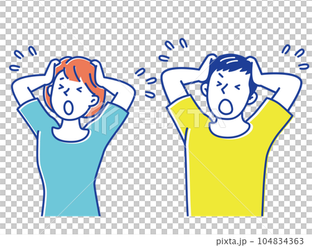 ショックで頭を抱える若い男性と女性 セット ショックで頭を抱える若い男性と女性 セット 104834363