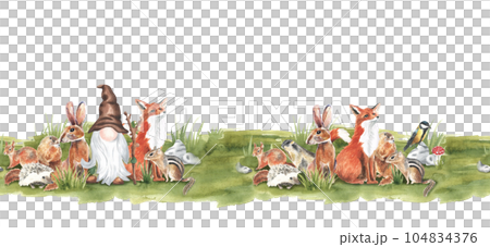 Cartoon woodland animals in summer grass, meadow grass. Character fox, gnome, rabbit in floral repeating border. Watercolor forest wildlife natural seamless frame for childish design Cartoon woodland animals in summer grass, meadow grass. Character fox, gnome, rabbit in floral repeating border. Watercolor forest wildlife natural seamless frame for childish design 104834376