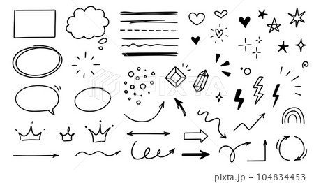 Sketch line arrow element, star, heart shape. Hand drawn doodle sketch style circle, cloud speech bubble grunge element set. Arrow, star, heart brush decoration. Vector 104834453