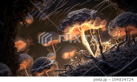 Mushroom with light beam . Created by generative AI . 104834724
