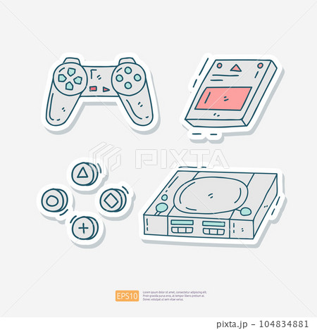 game pad controller, Game cartridge for old game consoles, game box console doodle icon set. Game Console Gadget Sticker set vector illustration 104834881