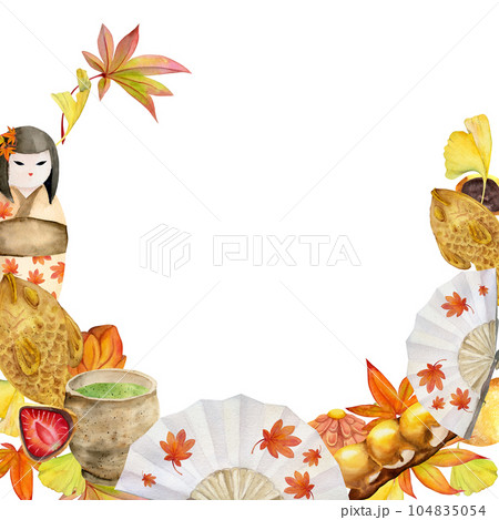 Watercolor hand drawn traditional Japanese sweets. Wreath of autumn wagashi with leaves, objects. Isolated on white background. Design for invitations, restaurant menu, greeting cards, print, textile 104835054