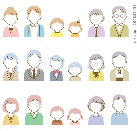 アイコンセット：匿名アイコンの正面を向いた3世代家族（バストアップ/手描き風パステル/表情なし） 104835455