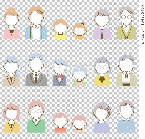 アイコンセット：匿名アイコンの正面を向いた3世代家族（バストアップ/手描き風パステル/表情なし） 104835455