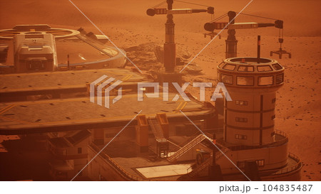 Martian colony base and rover on Mars planet 104835487