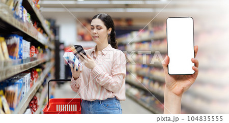 Web banner of online shopping and sales. Smiling caucasian woman scan qr code of product using smartphone. Female hand show smartphone with mock up white screen. Copy space Web banner of online shopping and sales. Smiling caucasian woman scan qr code of product using smartphone. Female hand show smartphone with mock up white screen. Copy space 104835555