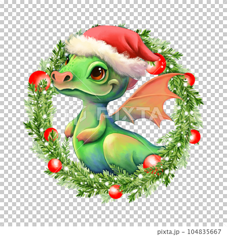 Fantasy cute dragon with Christmas wreath. New Year 2024. Cartoon dragon with fir tree branches. Fantasy cute dragon with Christmas wreath. New Year 2024. Cartoon dragon with fir tree branches. 104835667