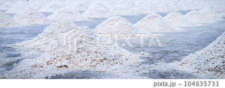 Sea salt farm. Pile of brine salt. Raw material of salt industrial. Sodium Chloride mineral. Evaporation and crystallization of sea water. White salt harvesting. Agriculture industry. Traditional farm 104835731