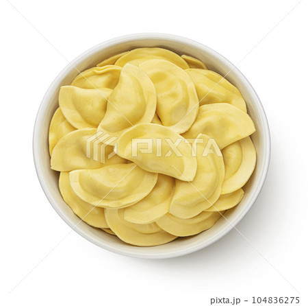 Vareniki, filled dumplings isolated on white background, top view 104836275
