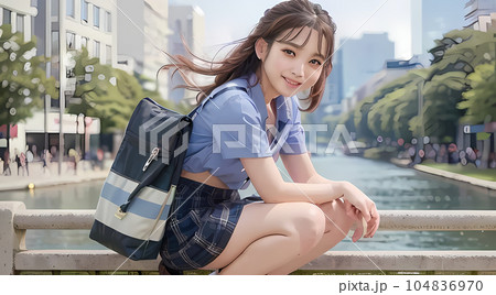 橋の上で座る女性ミニスカートの女性 AI生成画像のイラスト素材 [104836970] - PIXTA