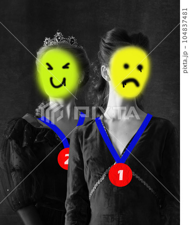 Contemporary art collage. Win and lose. Two women, royal persons showing diversity of emotions. Doodles 104837481