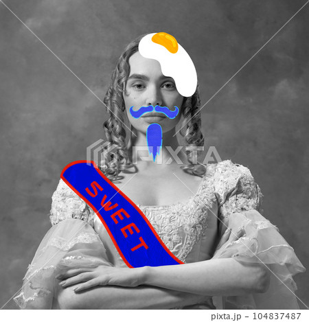 Contemporary art collage. Young woman, royal person, queen with drawings on face, moustache and egg 104837487